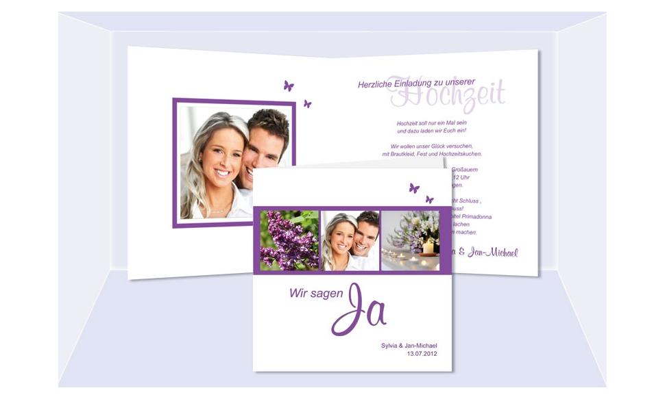 Einladungskarte Hochzeit, Klappkarte Quadrat, weiß violett