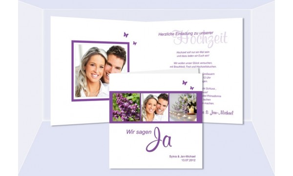 Einladungskarte Hochzeit, Klappkarte Quadrat, weiß violett