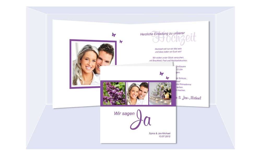 Einladungskarte Hochzeit, Klappkarte Quadrat, weiß violett Einladungskarte Hochzeit, Klappkarte Quadrat, weiß violett
