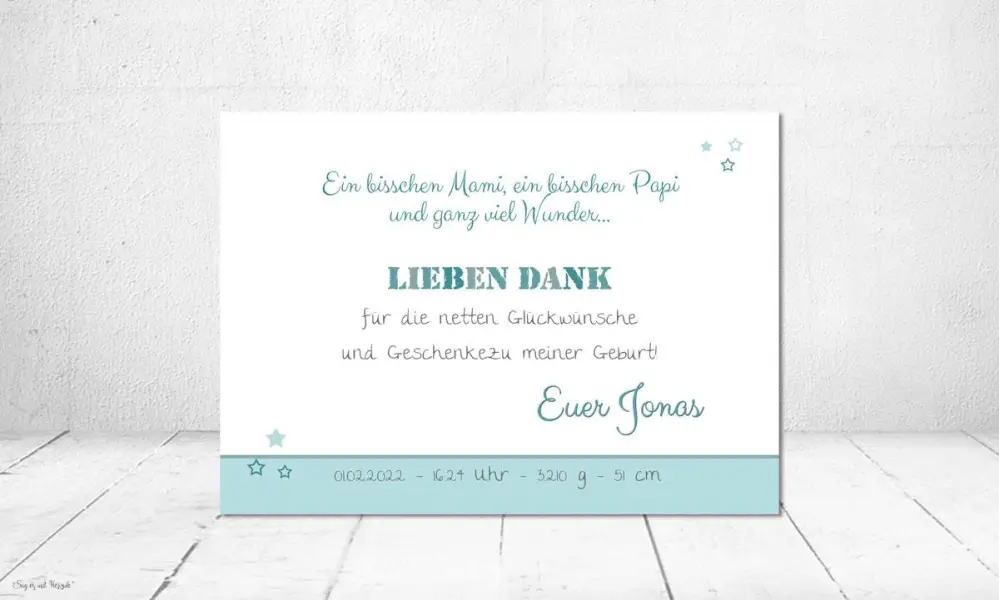 Dankeskarten Geburt hellblau mit Foto