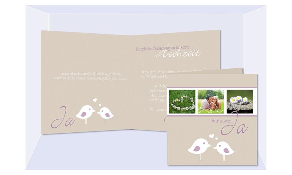 Einladungskarte Hochzeit, Klappkarte Quadrat, creme lila Vögelchen
