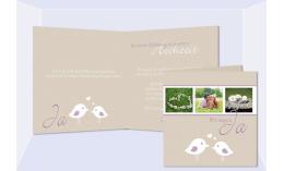 Einladungskarte Hochzeit, Klappkarte Quadrat, creme lila Vögelchen