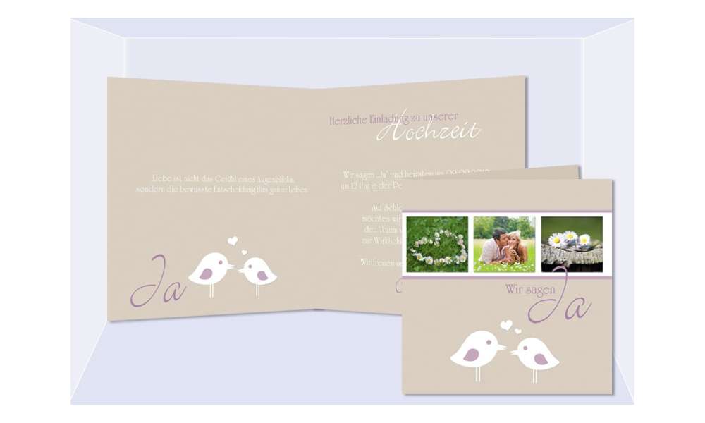 Einladungskarte Hochzeit, Klappkarte Quadrat, creme lila Vögelchen Einladungskarte Hochzeit, Klappkarte Quadrat, creme lila Vögelchen