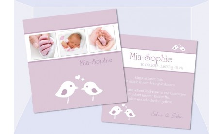 Babykarte, Danksagung Geburt "Mia-Sophie", rosa Vögelchen
