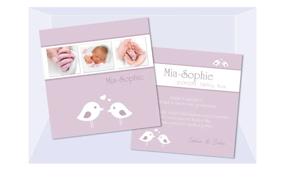 Babykarte, Danksagung Geburt "Mia-Sophie", rosa Vögelchen