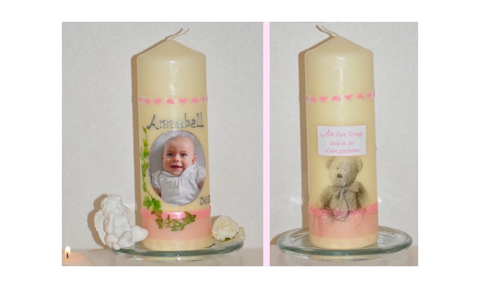 Taufkerze für Ihr Baby mit Foto und Taufspruch, Wachskreation, rosa