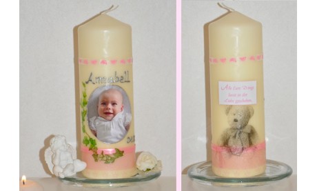 Taufkerze für Ihr Baby mit Foto und Taufspruch, Wachskreation, rosa