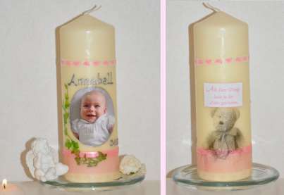 Taufkerze für Ihr Baby mit Foto und Taufspruch, Wachskreation, rosa
