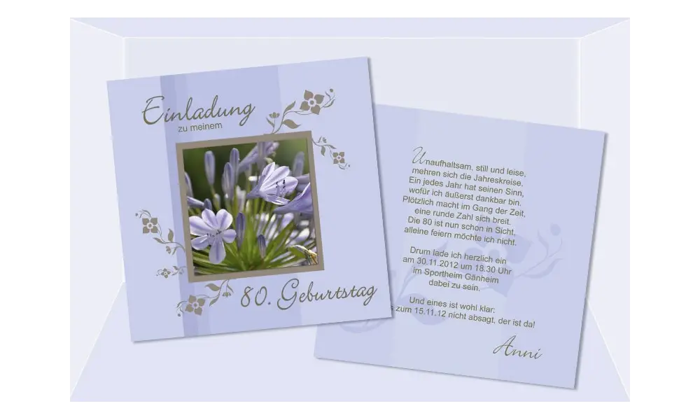 Einladungskarte 80. Geburtstag, zweiseitig, flieder