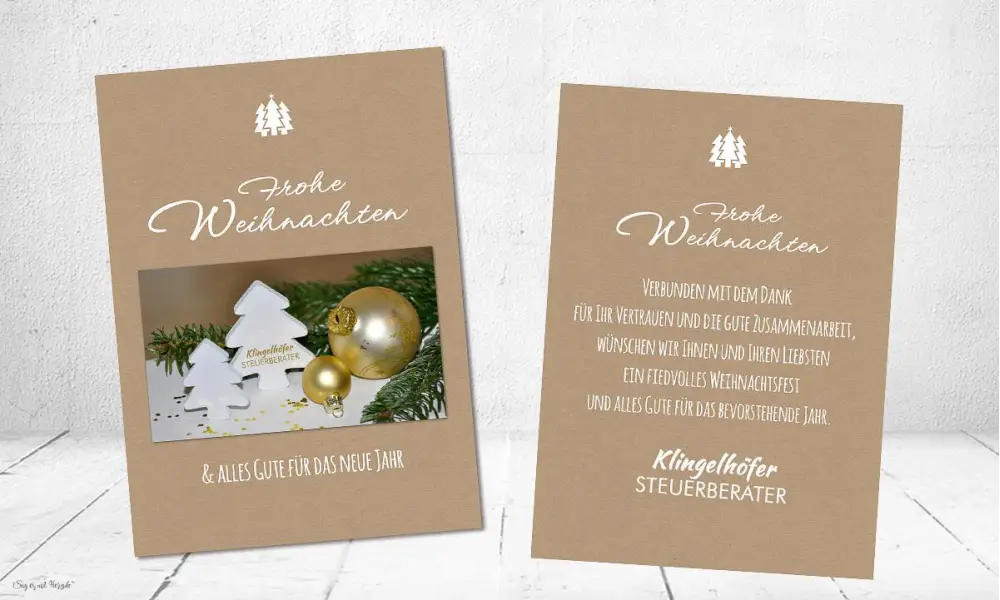 Weihnachtskarte geschäftlich mit Foto und Logo, moderner Kraftpapier Look