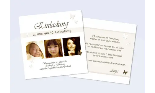 Einladungskarte 40. Geburtstag, zweiseitig, quadratisch, sepia