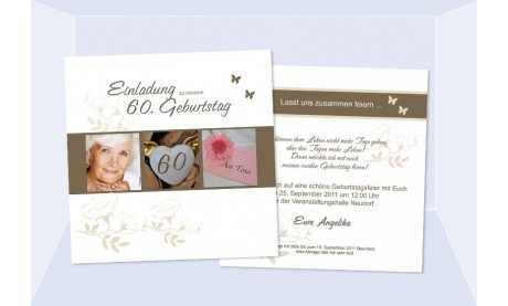 Einladungskarte 60. Geburtstag, zweiseitig, quadratisch, weiß grau