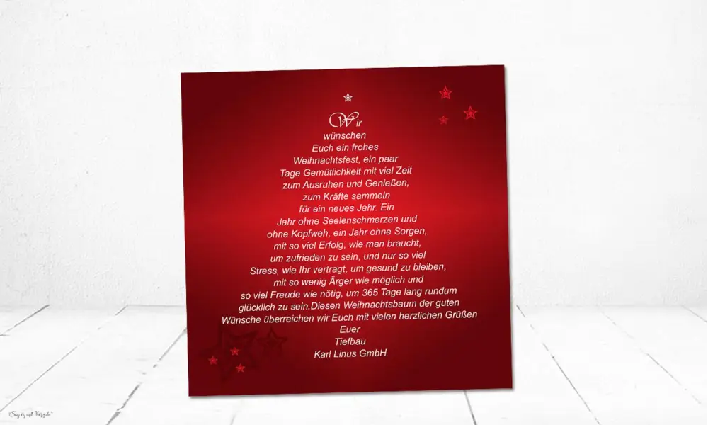 Firmen Weihnachtskarte in rot, Text als Weihnachtsbaum