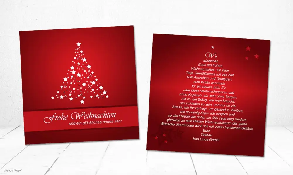 Firmen Weihnachtskarte in rot, Text als Weihnachtsbaum