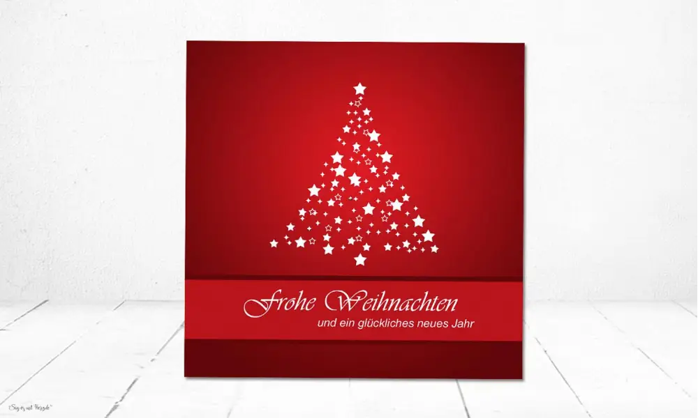 Firmen Weihnachtskarte in rot, Text als Weihnachtsbaum