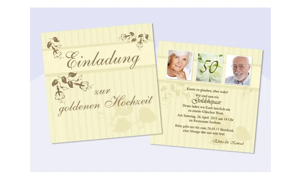 Einladungskarte Hochzeit "Gold", Flachkarte Quadrat, creme braun