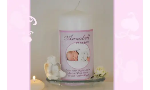 Taufkerze für Ihr Baby mit Foto und Taufspruch, Fotogestaltung, rosa
