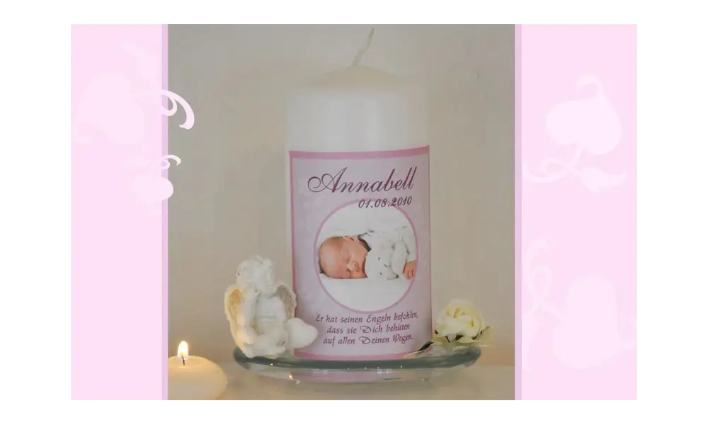 Taufkerze für Ihr Baby mit Foto und Taufspruch, Fotogestaltung, rosa
