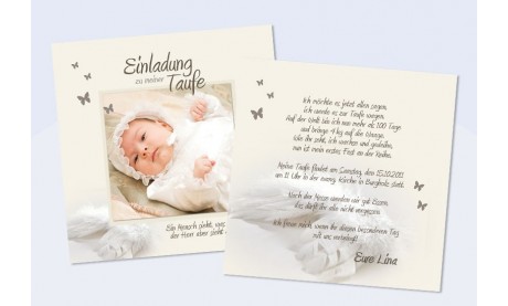 Einladung Taufe "Lina", Taufeinladung, Flachkarte 12,5 x 12,5 cm, weiß, creme, Flügel