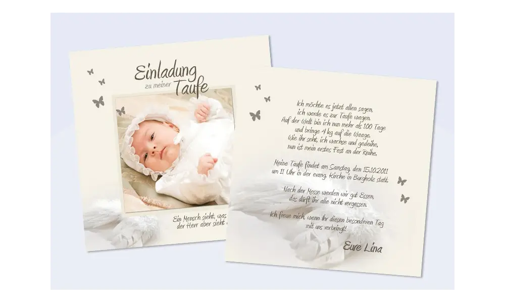 Einladung Taufe "Lina", Taufeinladung, Flachkarte 12,5 x 12,5 cm, weiß, creme, Flügel