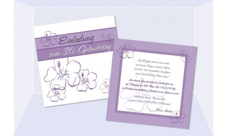 Einladungskarte 30. Geburtstag, zweiseitig, quadratisch, lila, Blumen