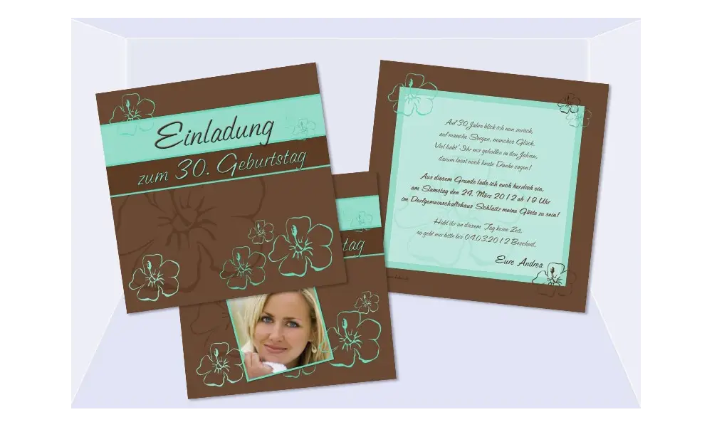 Einladungskarte 30. Geburtstag, zweiseitig, quadratisch, lila, Blumen