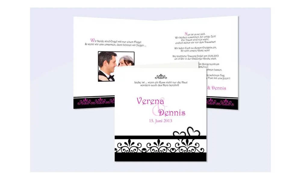 Einladung Hochzeit "Ranke", Klappkarte Quadrat, schwarz pink weiß