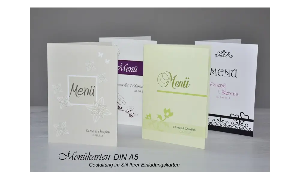 Menükarte, Getränkekarte, Hochzeitsmenü, Klappkarte A5