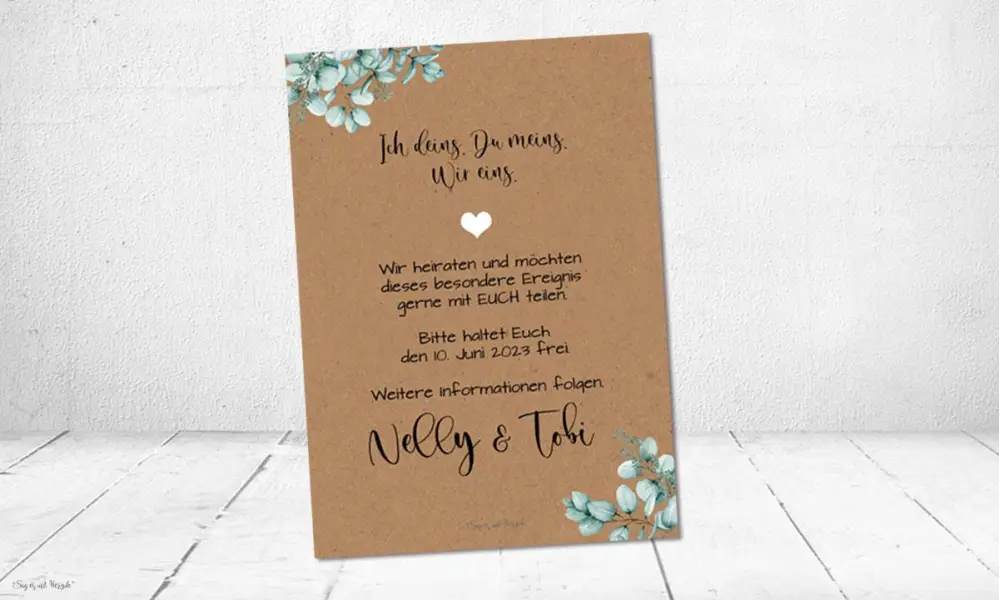 Save the Date Karte Hochzeit Kraftpapier Postkarte Kalender Eukalyptus