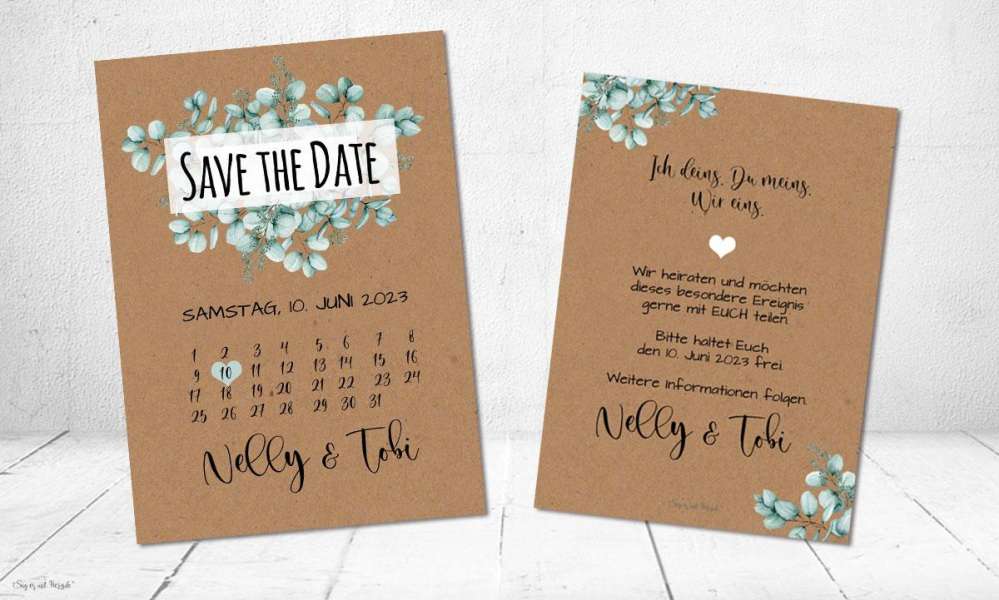 Save the Date Karte Hochzeit Kraftpapier Postkarte Kalender Eukalyptus