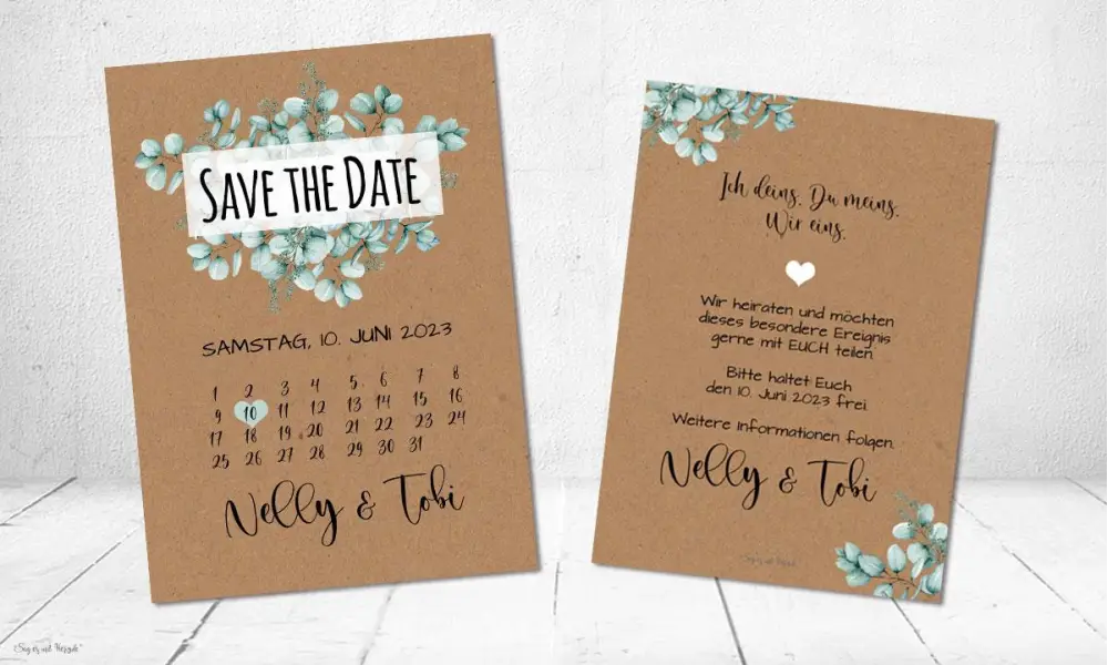 Save the Date Karte Hochzeit Kraftpapier Postkarte Kalender Eukalyptus