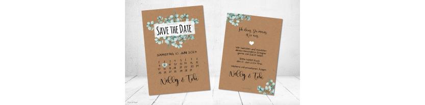 Save the Date Karte Hochzeit Kraftpapier Postkarte Kalender Eukalyptus