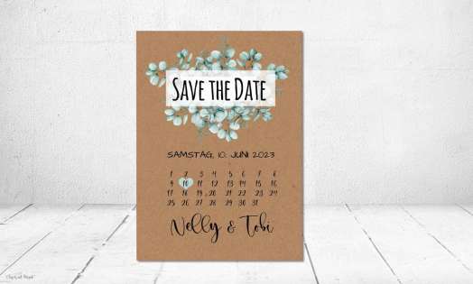 Save the Date Karte Hochzeit Kraftpapier Postkarte Kalender Eukalyptus