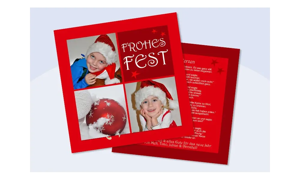 Flachkarte Weihnachten, Weihnachtskarte 2-seitig, 12,5x12,5 cm, Kinderlachen, rot 