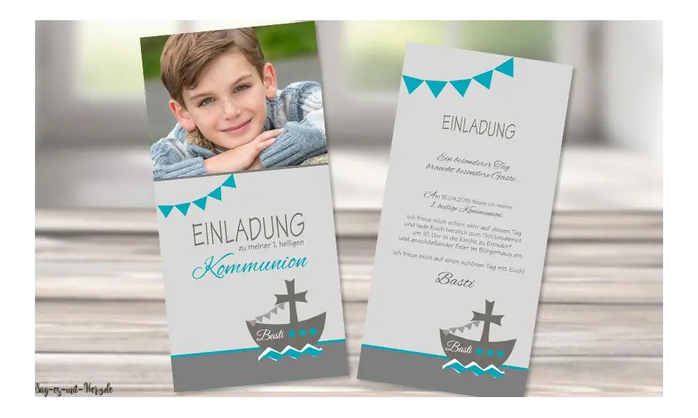 Einladungskarten Konfirmation für Jungen mit Foto türkis