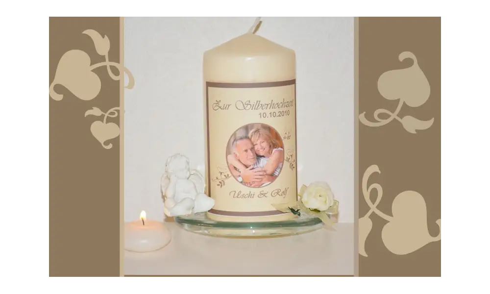Traukerze zur Silberhochzeit, mit Foto + Trauspruch, Fotogestaltungm, beige