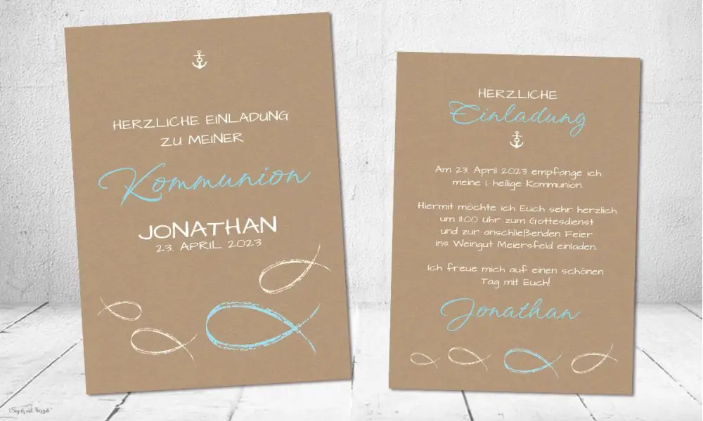 Einladungskarten Kommunion Fisch Kraftpapier Junge mit türkisfarbenen Fischen