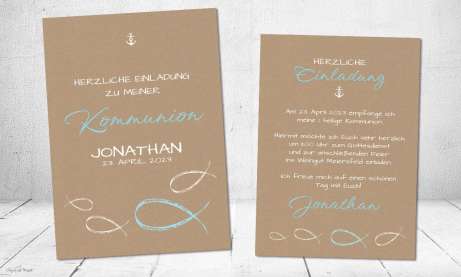 Einladungskarten Kommunion Fisch Kraftpapier Junge mit türkisfarbenen Fischen