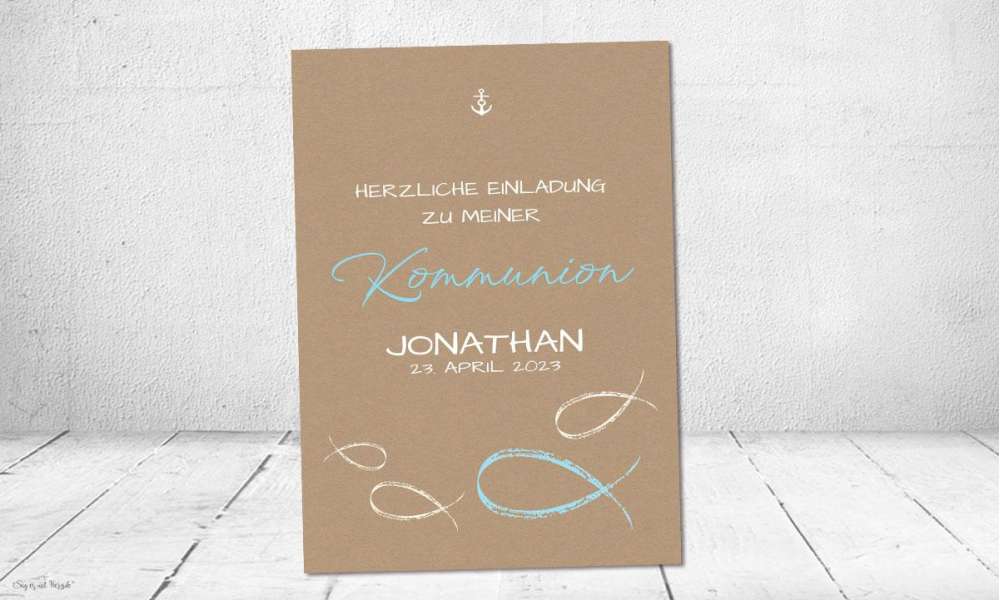 Einladungskarten Kommunion Fisch Kraftpapier Junge mit mintfarbenen Fischen