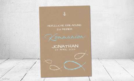 Einladungskarten Kommunion Fisch Kraftpapier Junge mit mintfarbenen Fischen