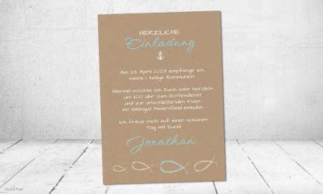 Einladungskarten Kommunion Fisch Kraftpapier Junge mit liebevollem Einladungstext