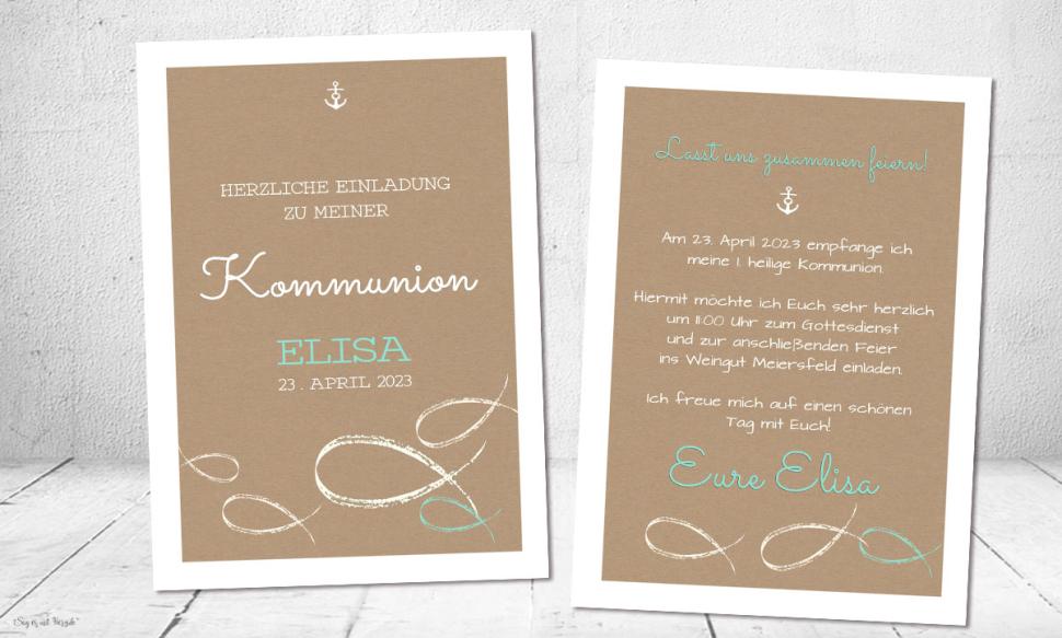 Einladungskarten Kommunion Kraftpapier Fisch Mädchen