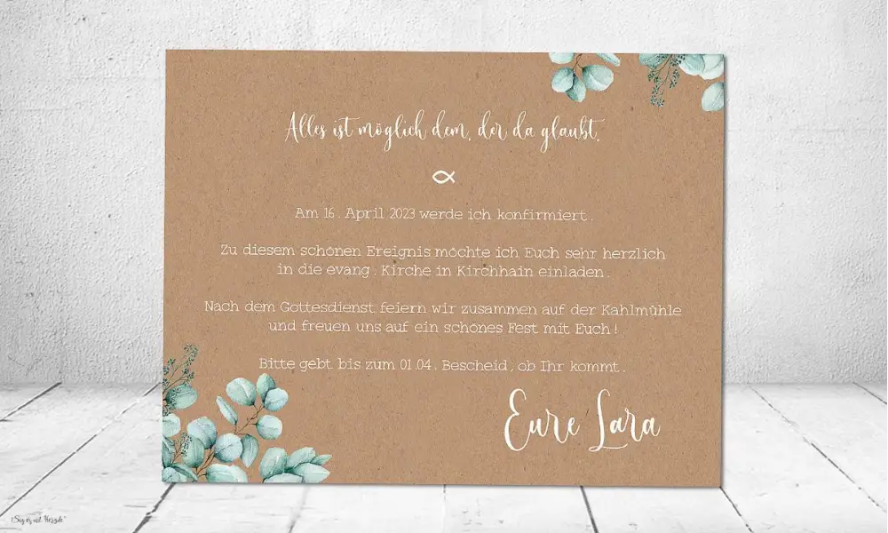 Einladungskarte Eukalyptus Konfirmation Vintage