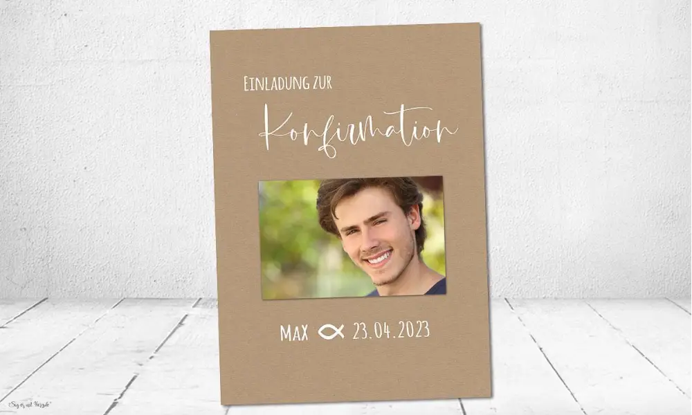 Einladungskarten Konfirmation nature mit Bild Junge