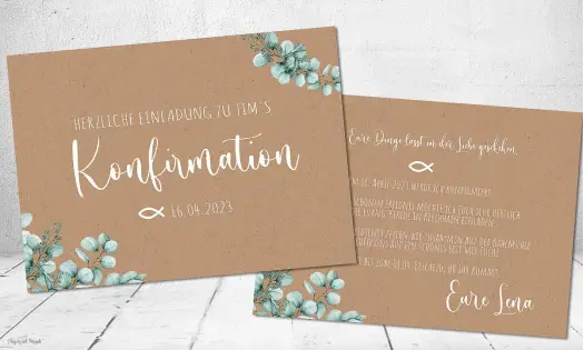Einladungskarten Konfirmation  Eukalyptus Kraftpapier