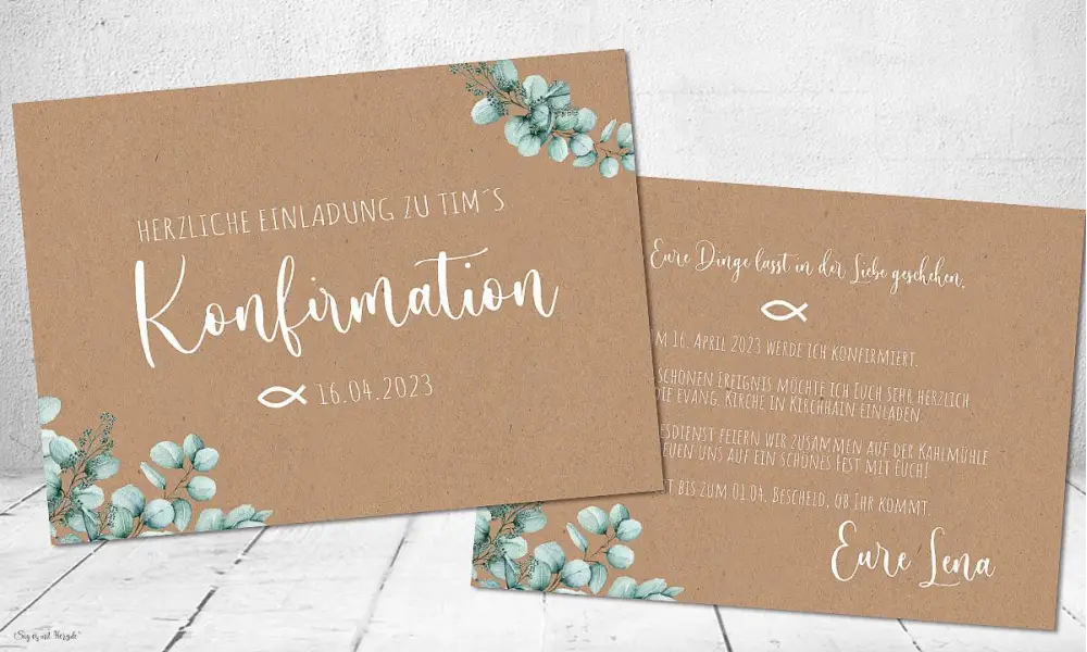 Einladungskarten Konfirmation  Eukalyptus Kraftpapier