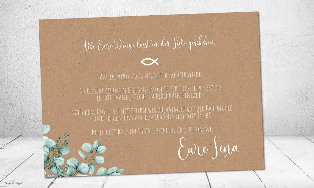 Einladungskarten Konfirmation  Eukalyptus Kraftpapier