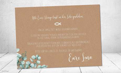 Einladungskarten Konfirmation  Eukalyptus Kraftpapier