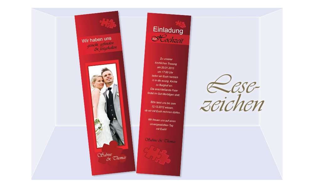 Lesezeichen Einladung Hochzeit, 5x20 cm, Puzzle rot