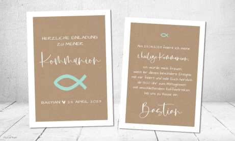 Einladungskarte Kommunion Fisch hellblau Vintage